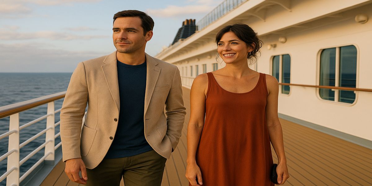 Modebewusstes Paar im Casual-Outfit auf Kreuzfahrtschiff – Dresscode Kreuzfahrt & Outfit-Inspiration für den Seetag (Sea day)