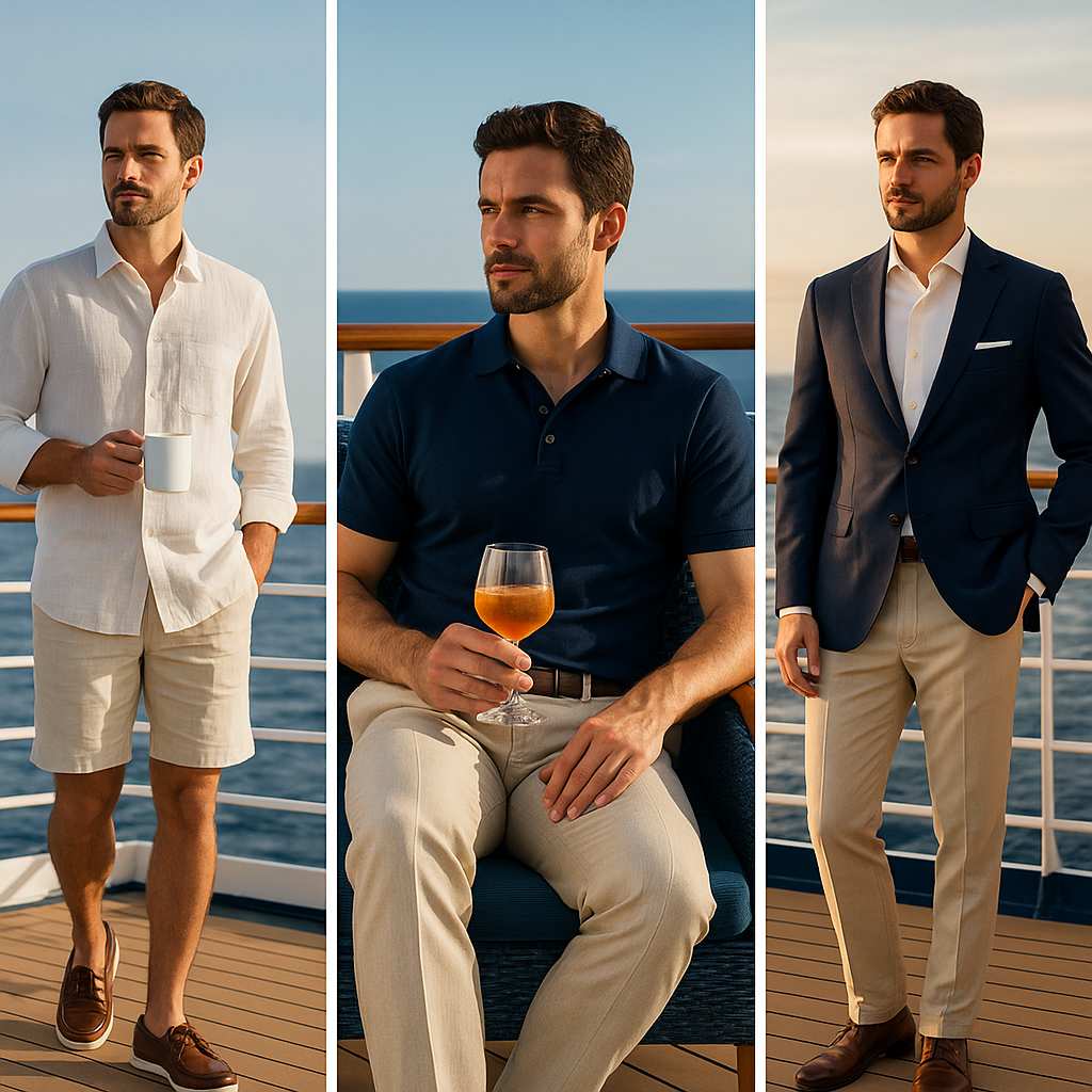 Collage mit drei Kreuzfahrt Outfits für Männer – von lässig am Deck über Smart Casual am Nachmittag bis zu eleganter Abendgarderobe am Sea Day, Charles Lindgren Herrenmode