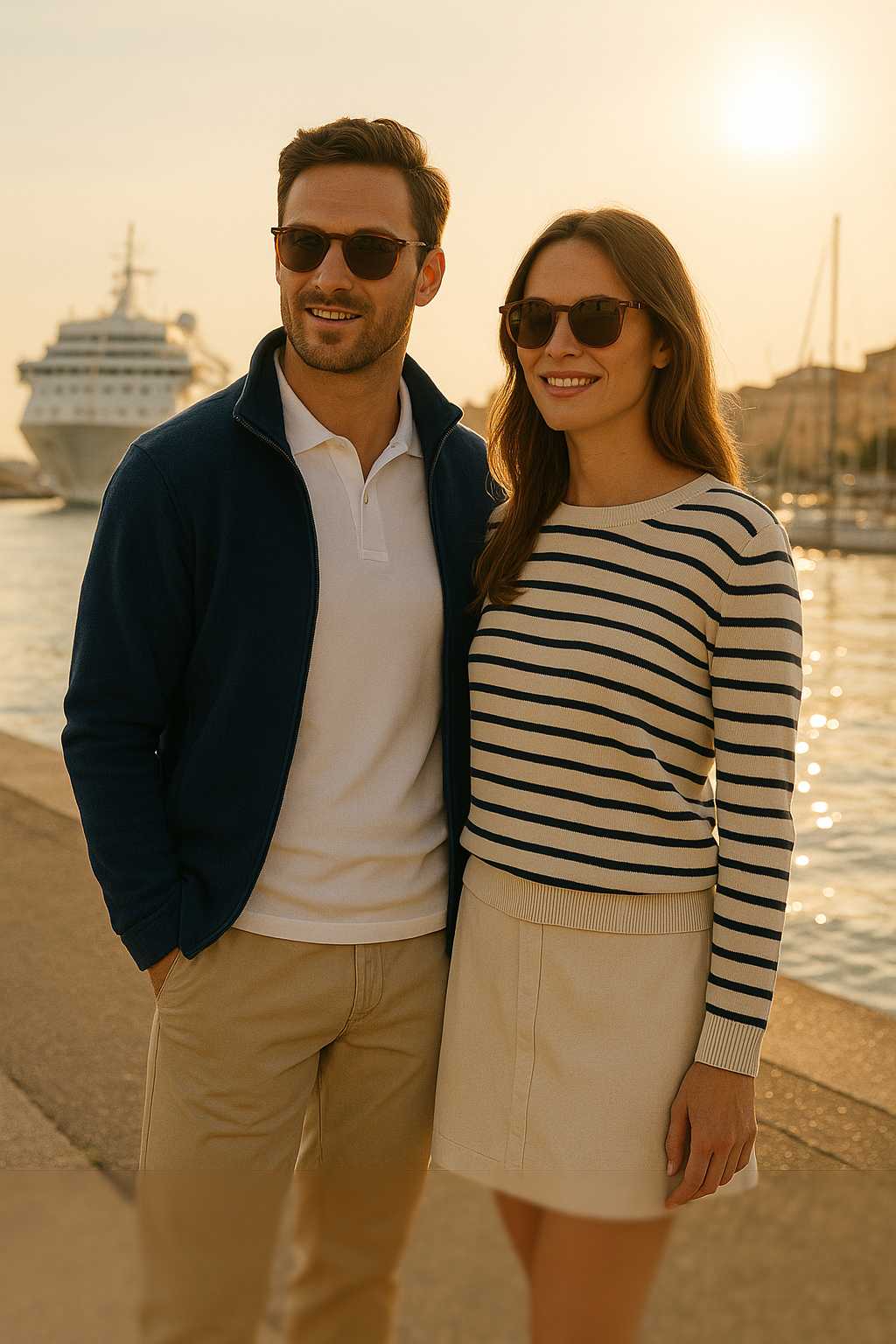 Stilvolles Paar in maritimer Mode am Hafen bei Sonnenuntergang – Shore Style Outfits für Sea Day, Sightseeing und Dinner