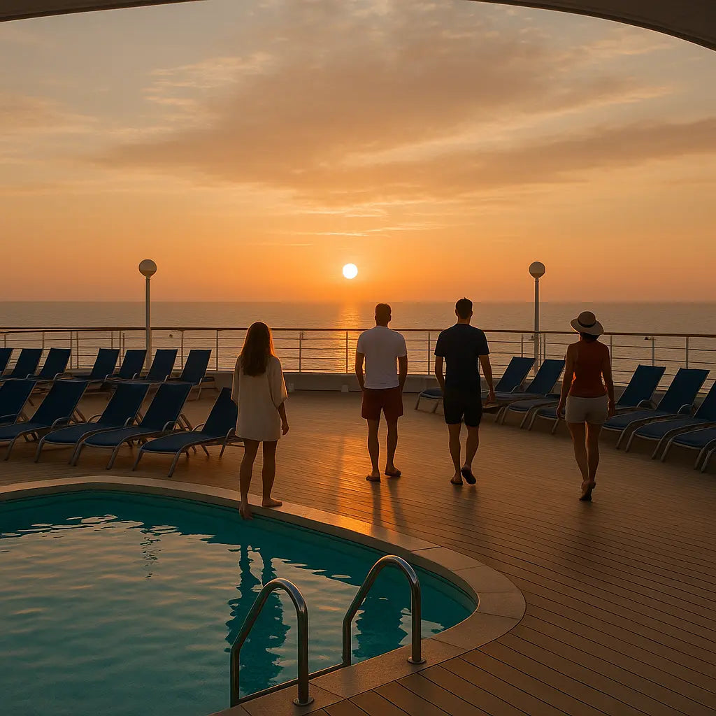 Sonnenaufgang am Pooldeck eines Kreuzfahrtschiffs mit entspannter Boardwear-Atmosphäre – Charles Lindgren Mode für Seetage.