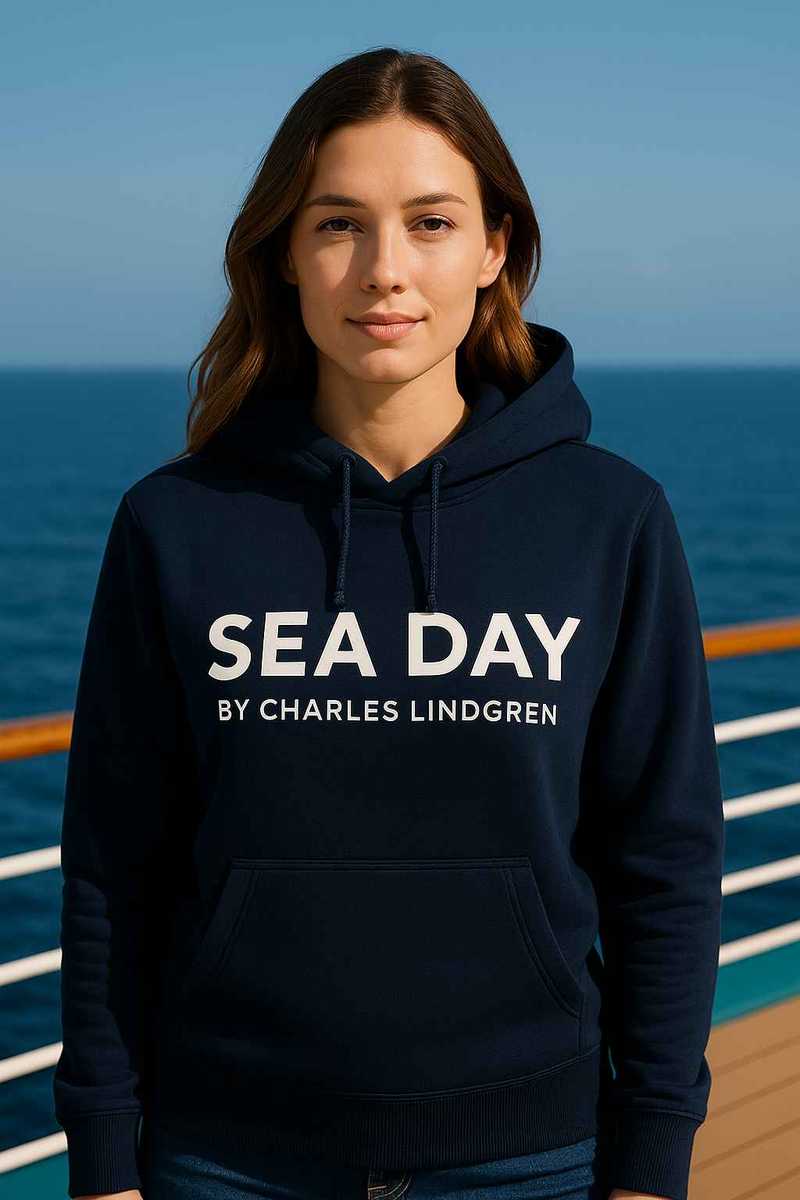 Navy Damen & Unisex Hoodie mit weißer Aufschrift SEA DAY by Charles Lindgren