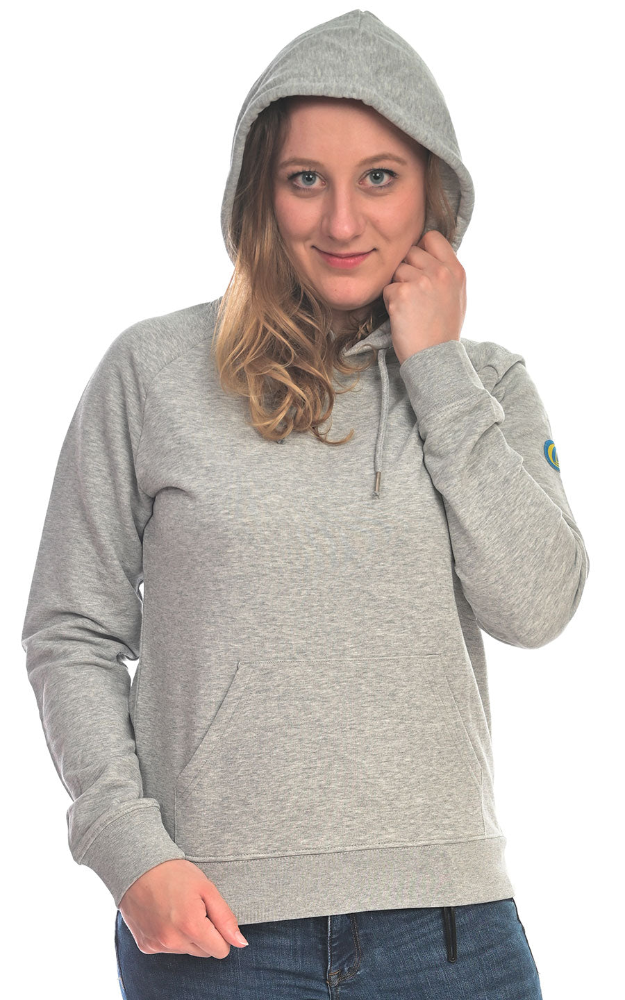 Olympic-Hoodie-Grau-Meliert-Woman-vorne-kapuze