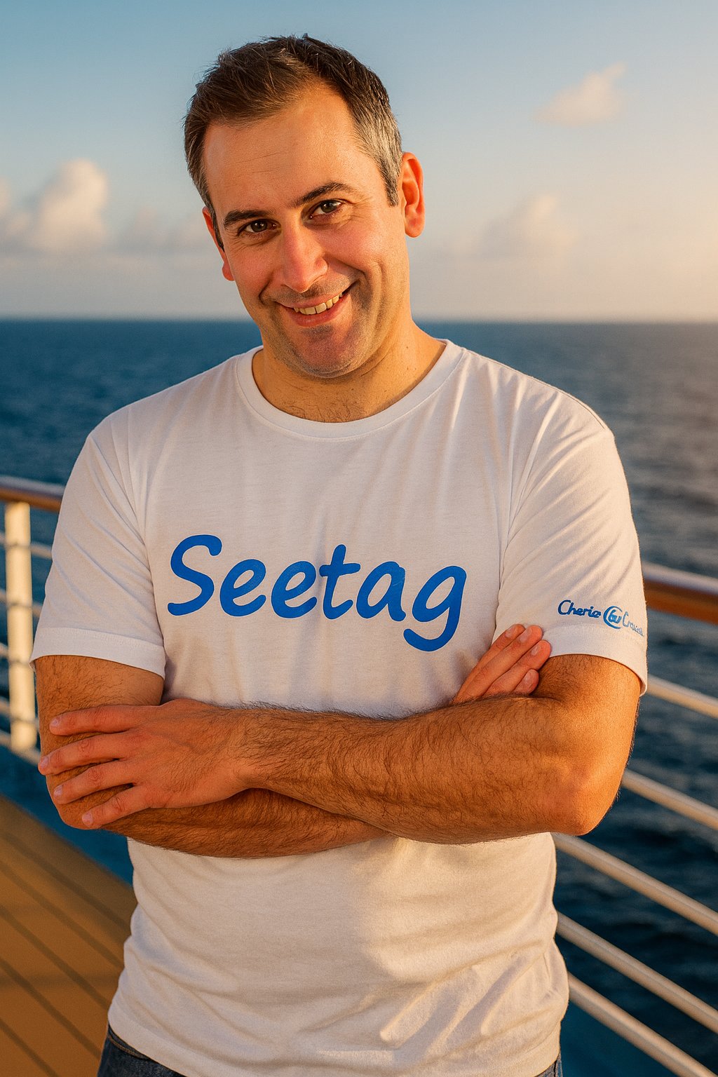Mann trägt ein weißes T-Shirt mit blauem Schriftzug ‚Seetag‘ auf dem Deck eines Kreuzfahrtschiffs mit Meerblick