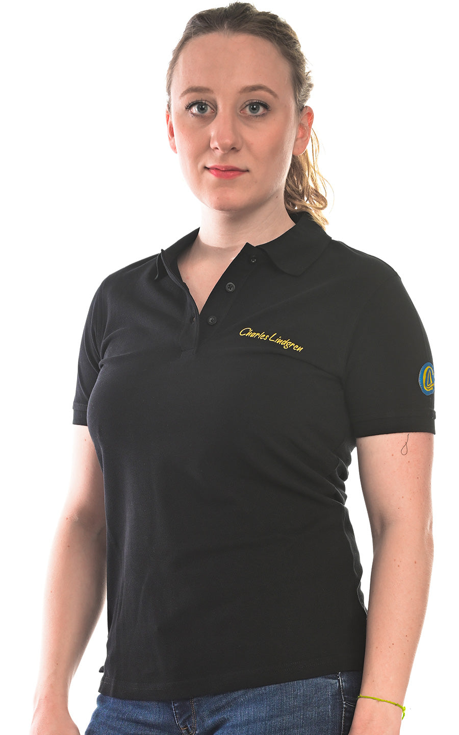 Charles Lindgren offiziell Damen Poloshirt Schwarz nah