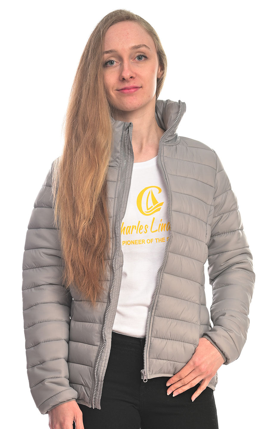 Charles Lindgren offiziell Damen Steppjacke „Eos“ Hellgrauu vorne