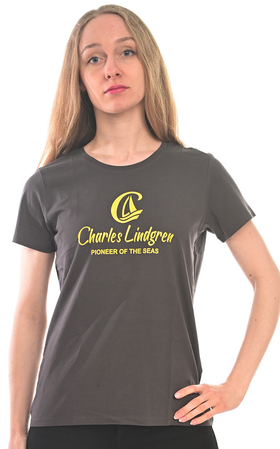 Charles Lindgren offiziell Damen T-Shirt „Charles and the Pioneer“ Dark Grey vorne
