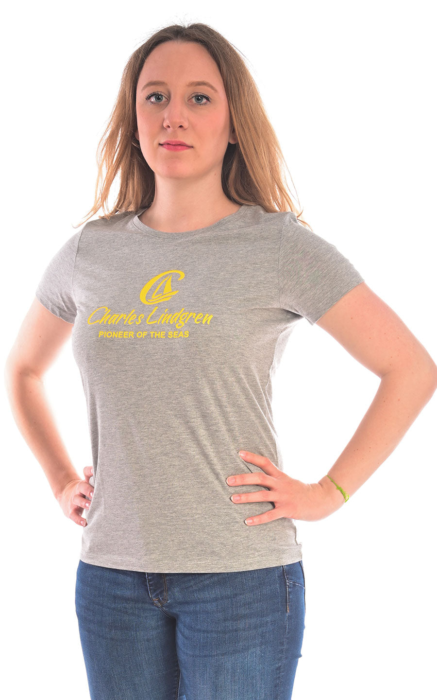 Charles Lindgren offiziell– Damen T-Shirt „Charles and the Pioneer“ Grey Melange vorne