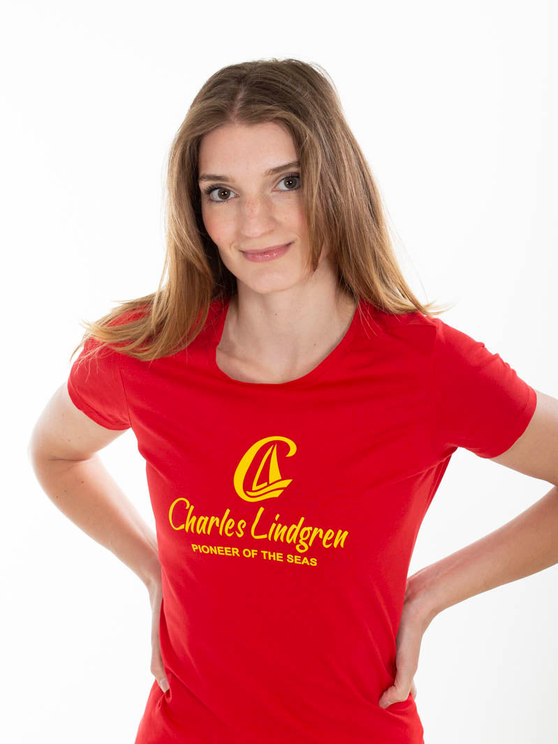 Charles Lindgren offiziell Damen T-Shirt „Charles and the Pioneer“ Rot