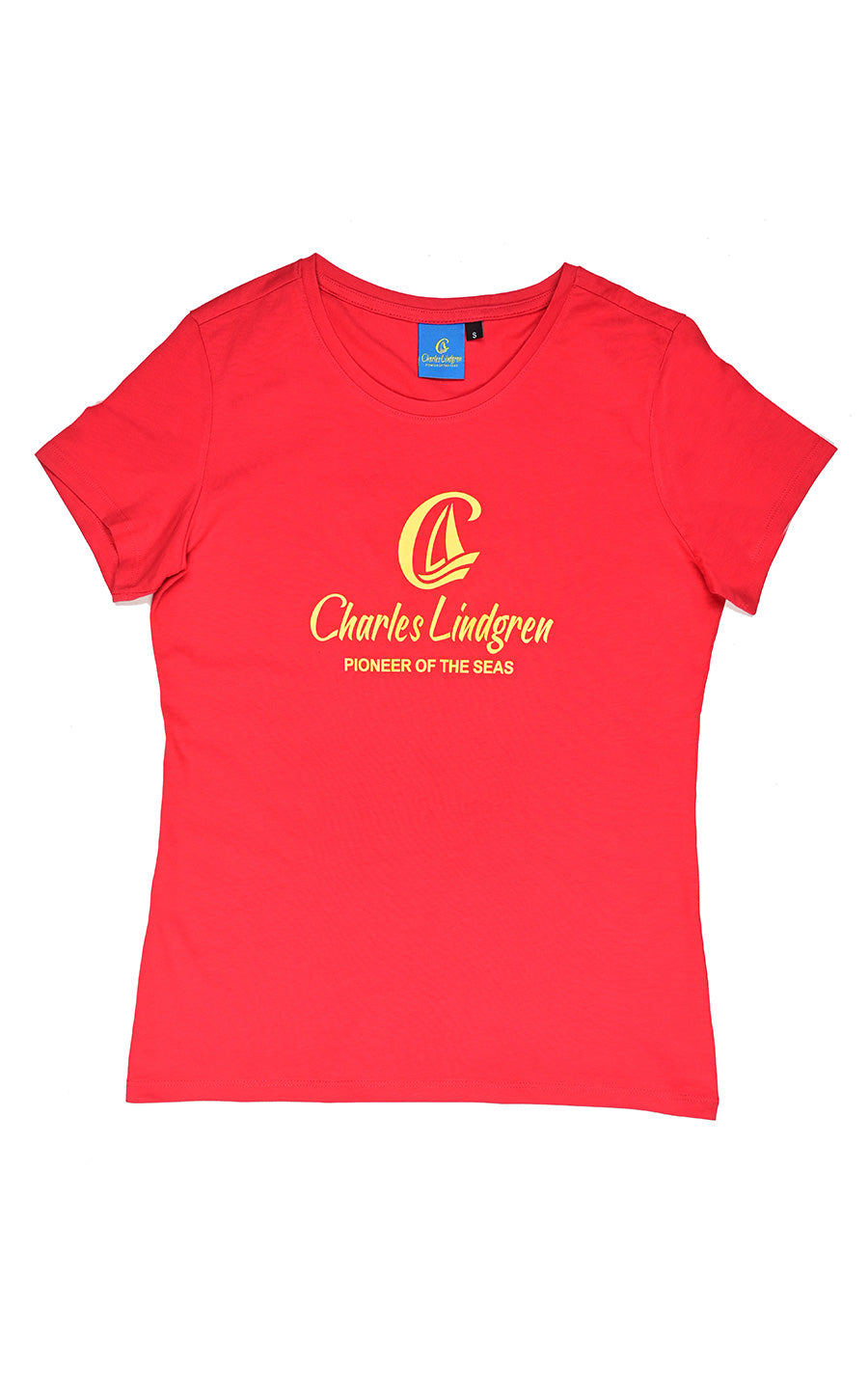 Charles Lindgren offiziell Damen T-Shirt „Charles and the Pioneer“ Rot ausgestellt