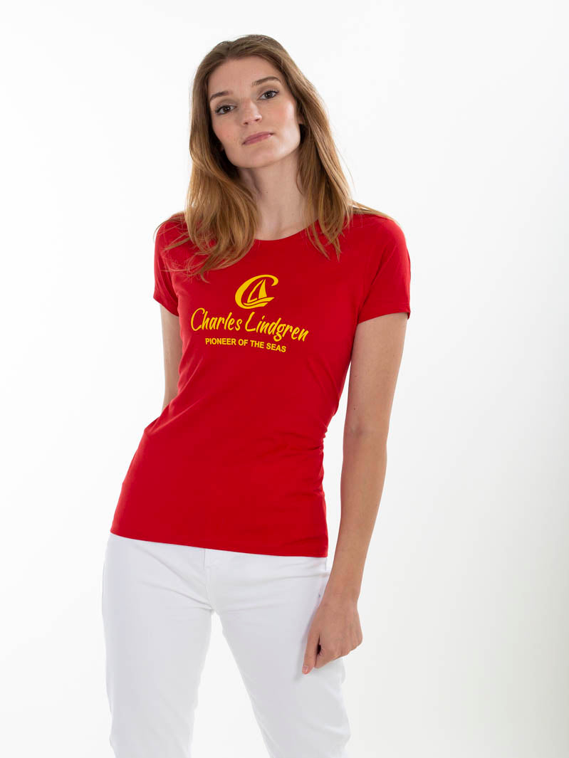 Charles Lindgren offiziell Damen T-Shirt „Charles and the Pioneer“ Rot vorne