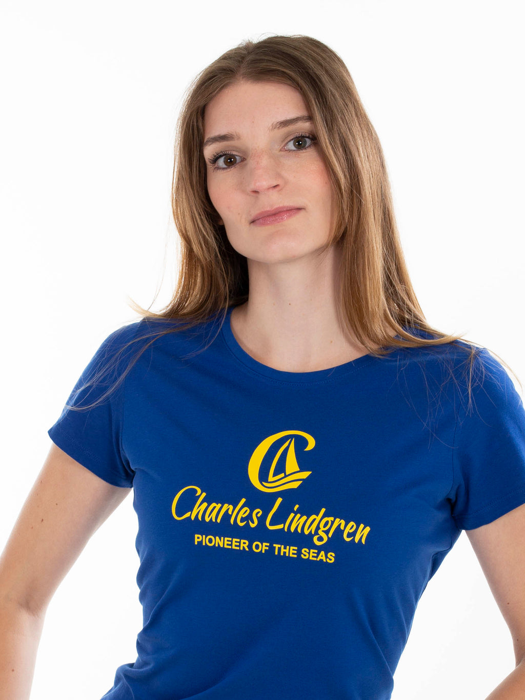 Charles Lindgren offiziell Pioneer T-Shirt Koenigsblau Damen Vorne nah