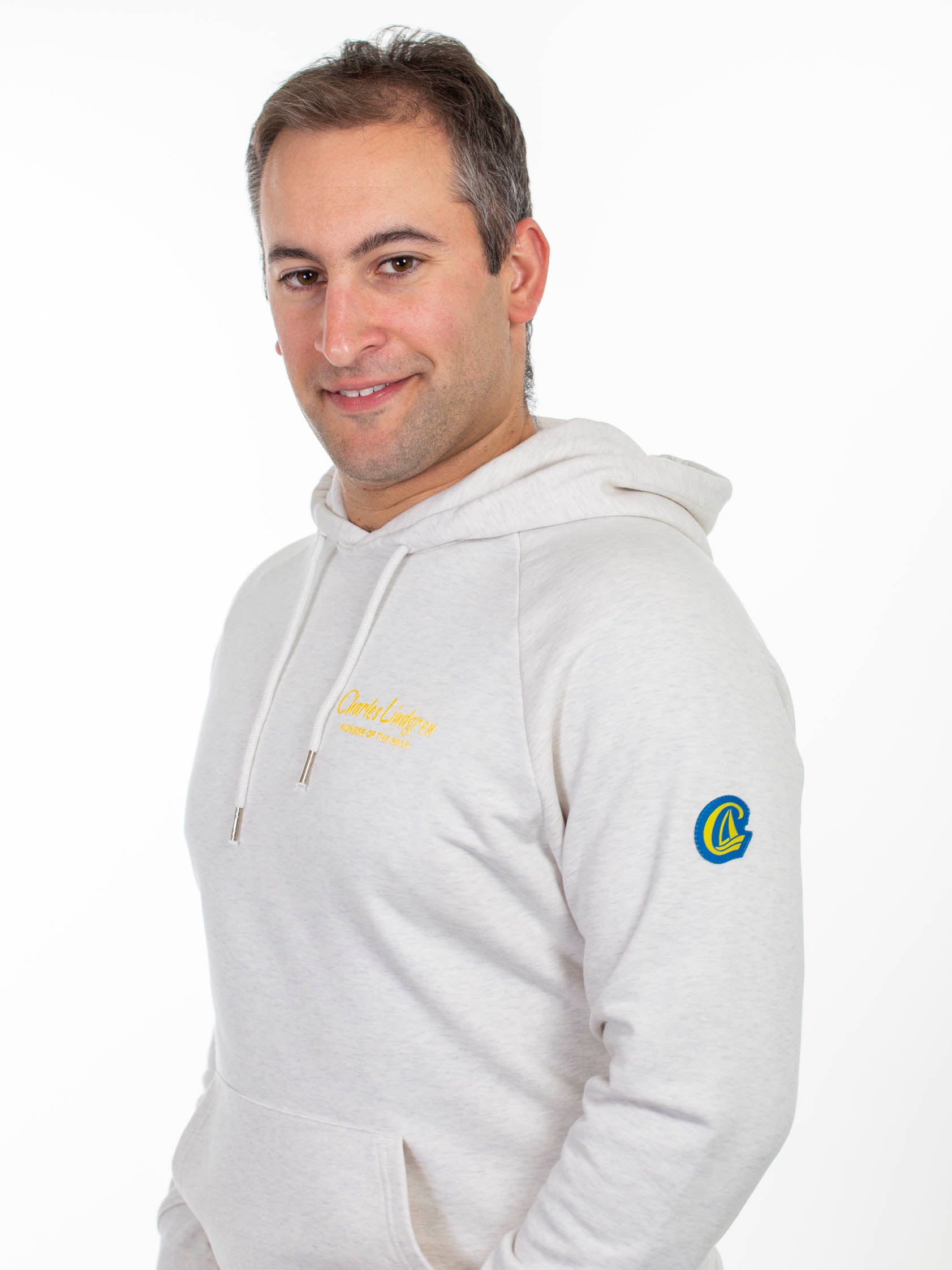 "Charles and the Pioneer" Hoodie, cream heather grey, Herren