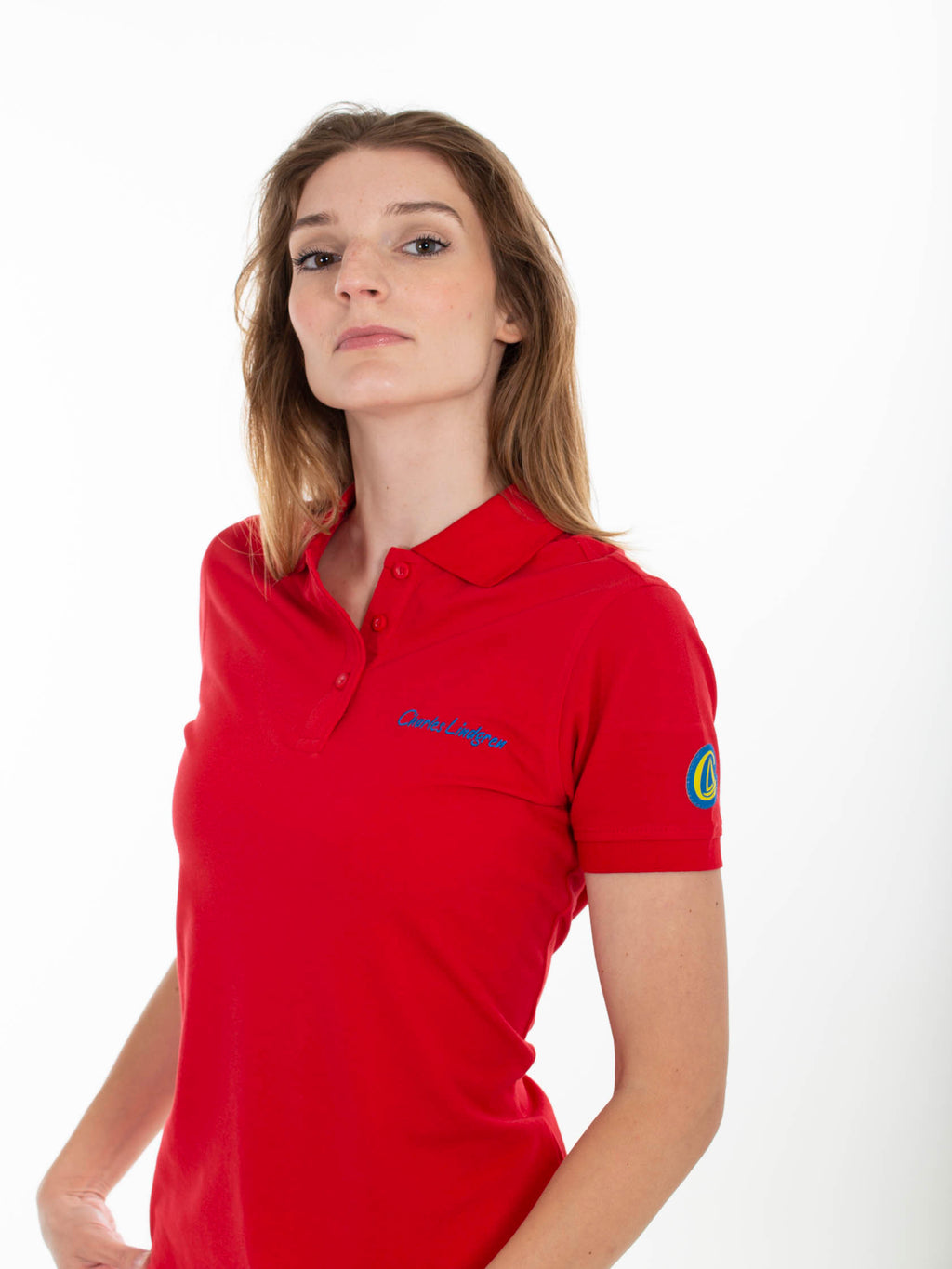 Lindgren Tethys Polo-Shirt Rot Damen Stick Patch charles lindgren offiziell vorne