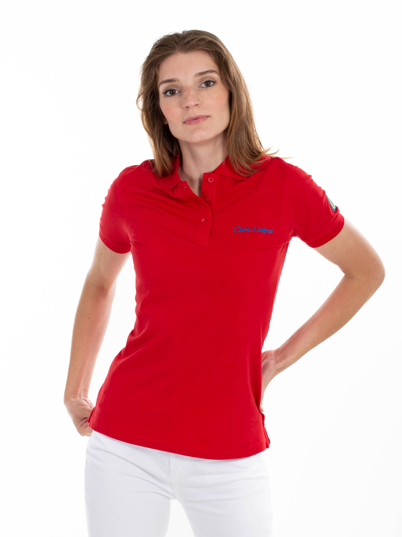 Lindgren Tethys Polo-Shirt Rot Damen Stick Patch charles lindgren offiziell vorne nah