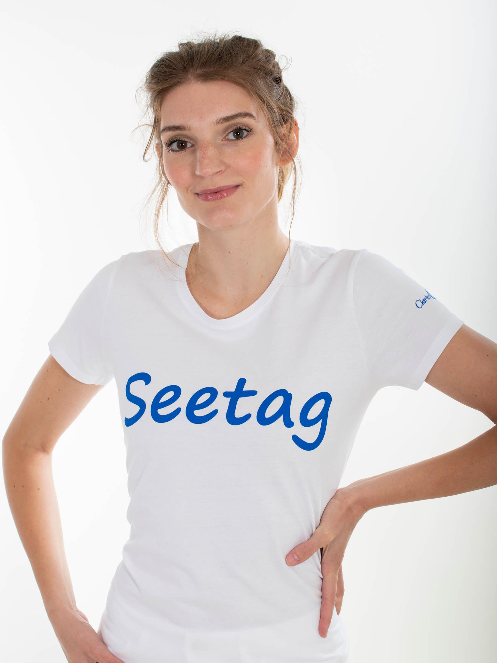 Weißes T-Shirt Seetag Damen mit maritimer Grafik  in Blau 