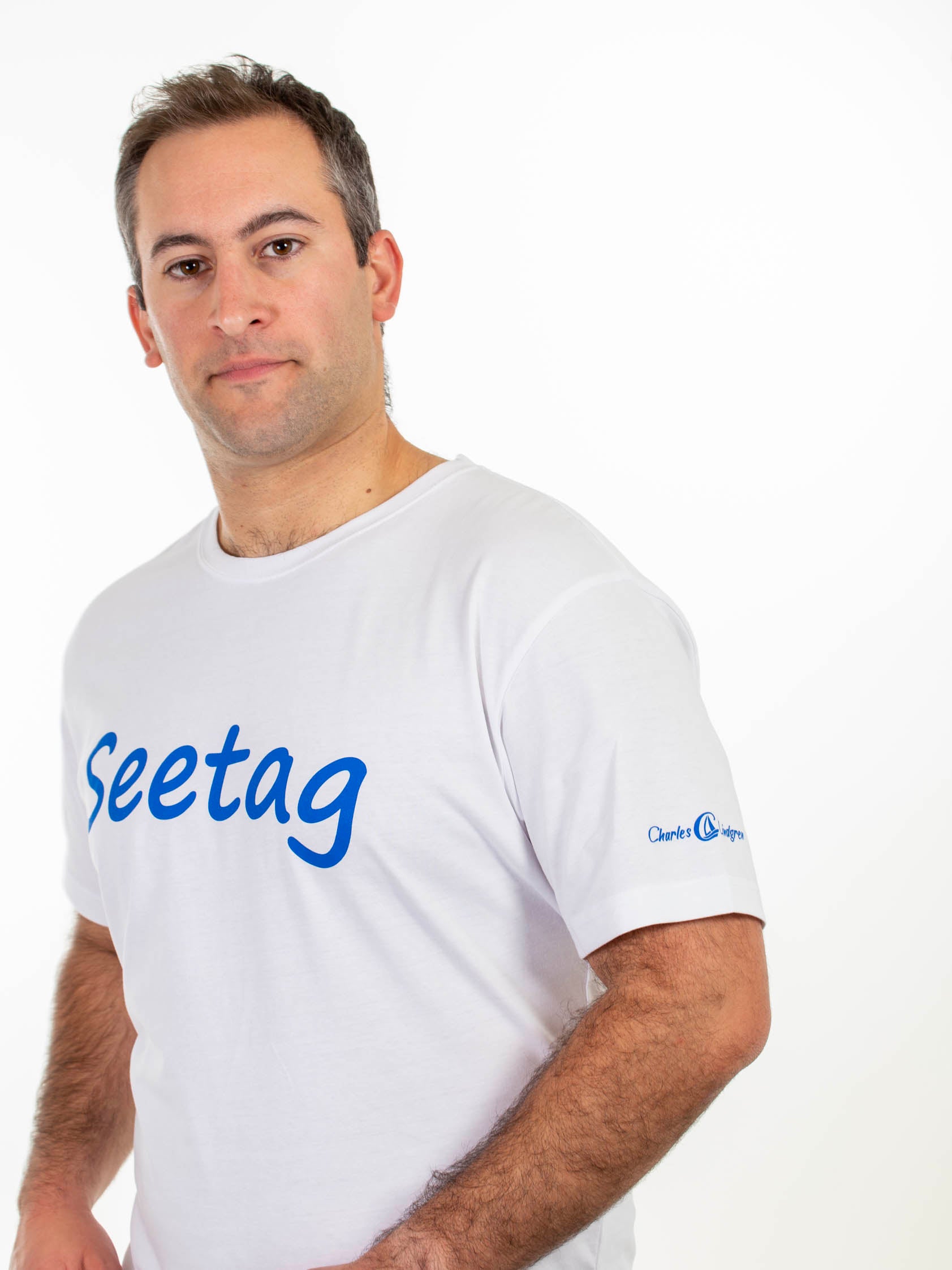 T-Shirt Seetag in weiß mit maritimen Aufdruck und Logo am Ärmel in blau